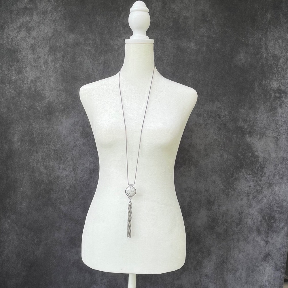 White House Black Market Silver Tassel Necklace White Marble Pendant Pavé Accent